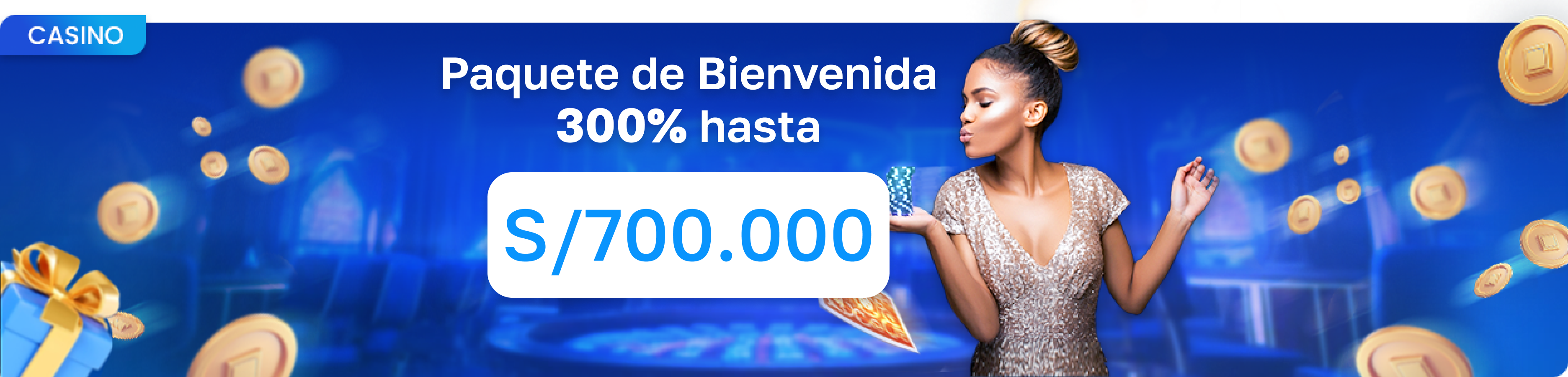 Banner de casino con paquete de bienvenida del 300% hasta S/700.000