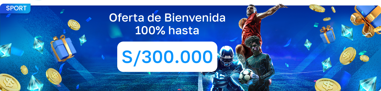 Banner deportivo con oferta de bienvenida del 100% hasta S/300.000